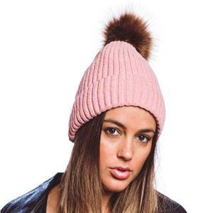 Chenille Ribbed Knit Beanie Fuzzy Lined With Pom-p